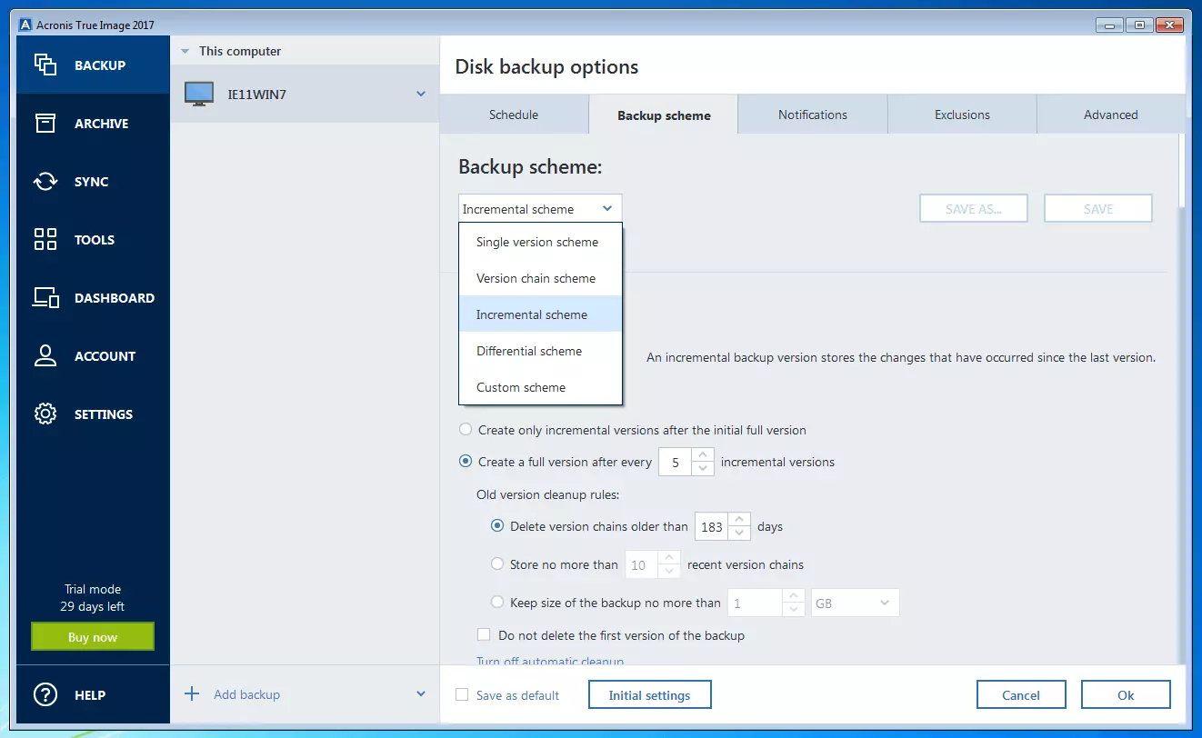 Acronis True Image 2017: menu per la scelta dello schema di backup