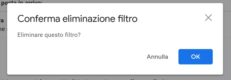 Finestra Gmail “Conferma eliminazione filtro”