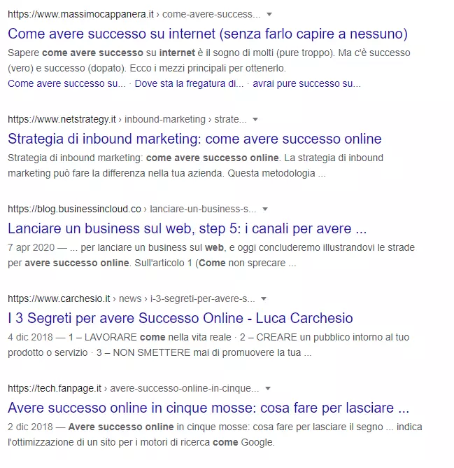 La pagina dei risultati di ricerca (SERP) per il termine "Come avere successo online"