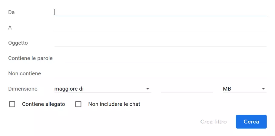 Screenshot delle opzioni di selezione dei filtri di Gmail