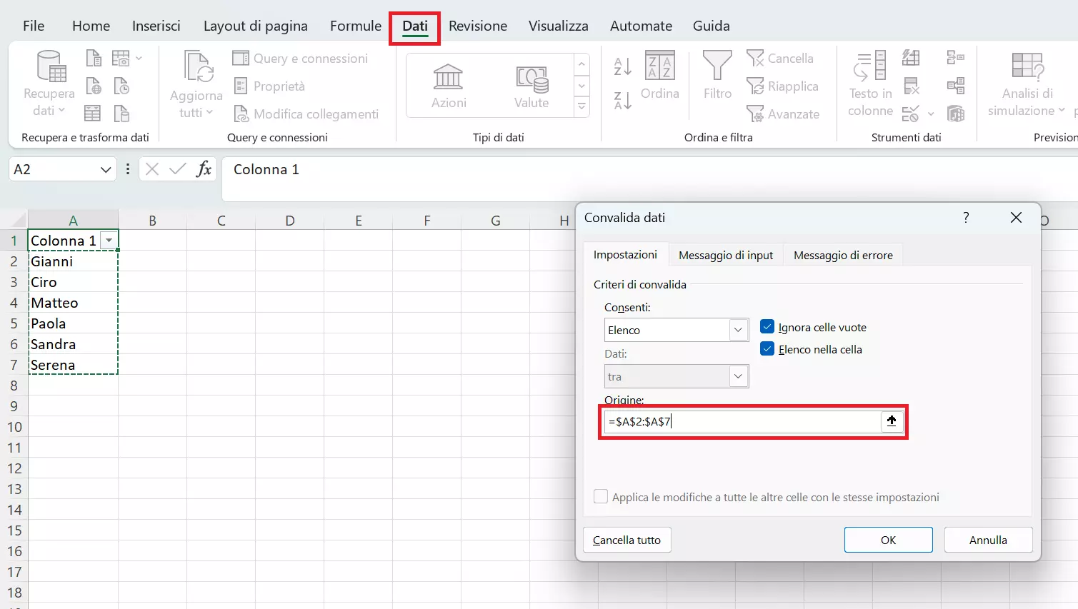 Opzione di selezione per ampliare elenchi a discesa di Excel mediante la convalida dati