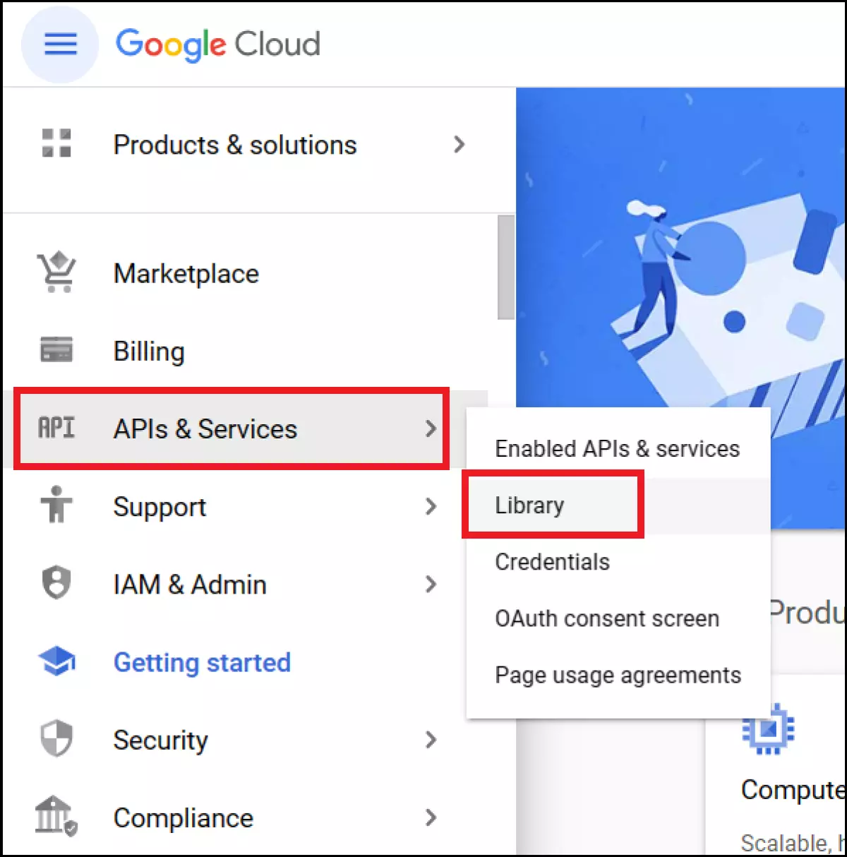 Le voci “API & Services” (API e servizi) e “Library” (Libreria) del menu di Google Cloud