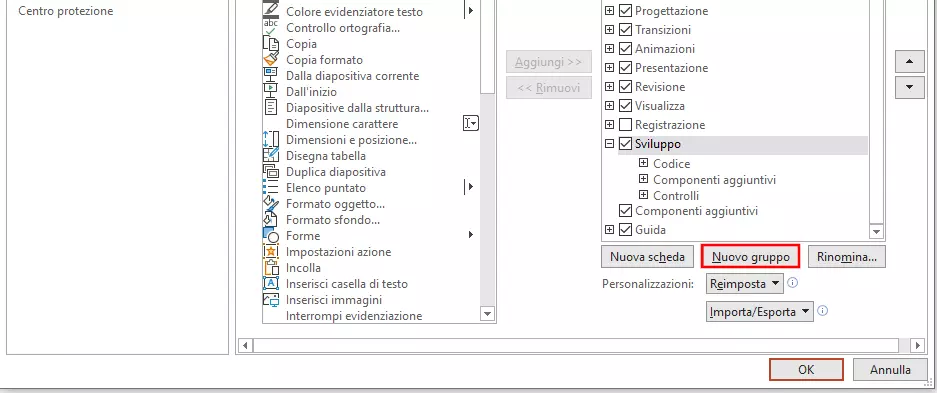 Opzioni di PowerPoint 365: aggiunta di un nuovo gruppo