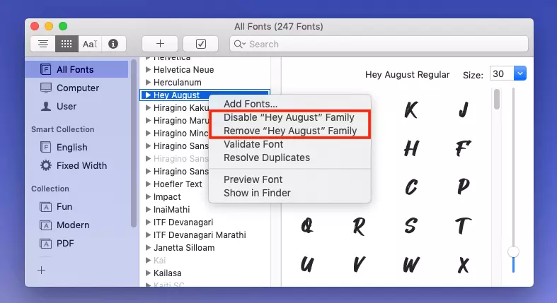 Mac: installare font: disabilitare o rimuovere un font