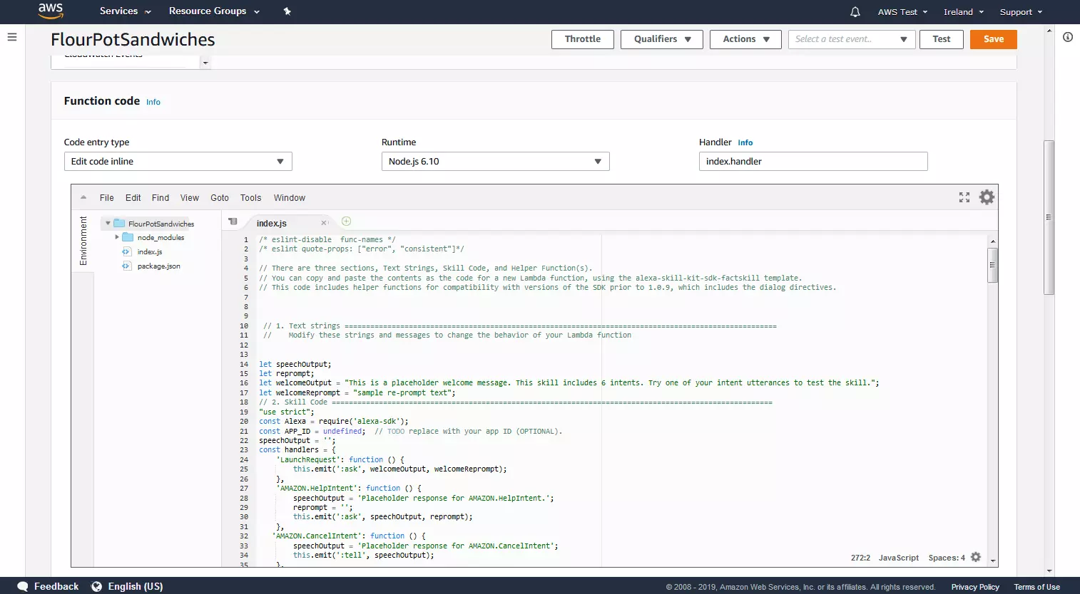 Console di AWS Management: modello Lambda per il codice di funzione