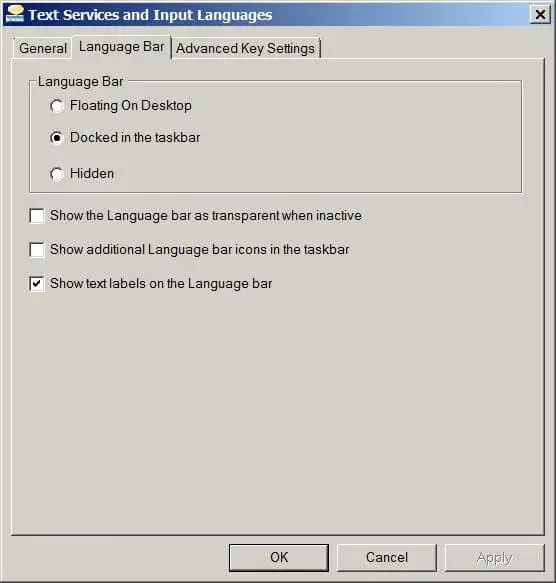 Impostazioni per la barra della lingua su Servizi di testo e lingue di input