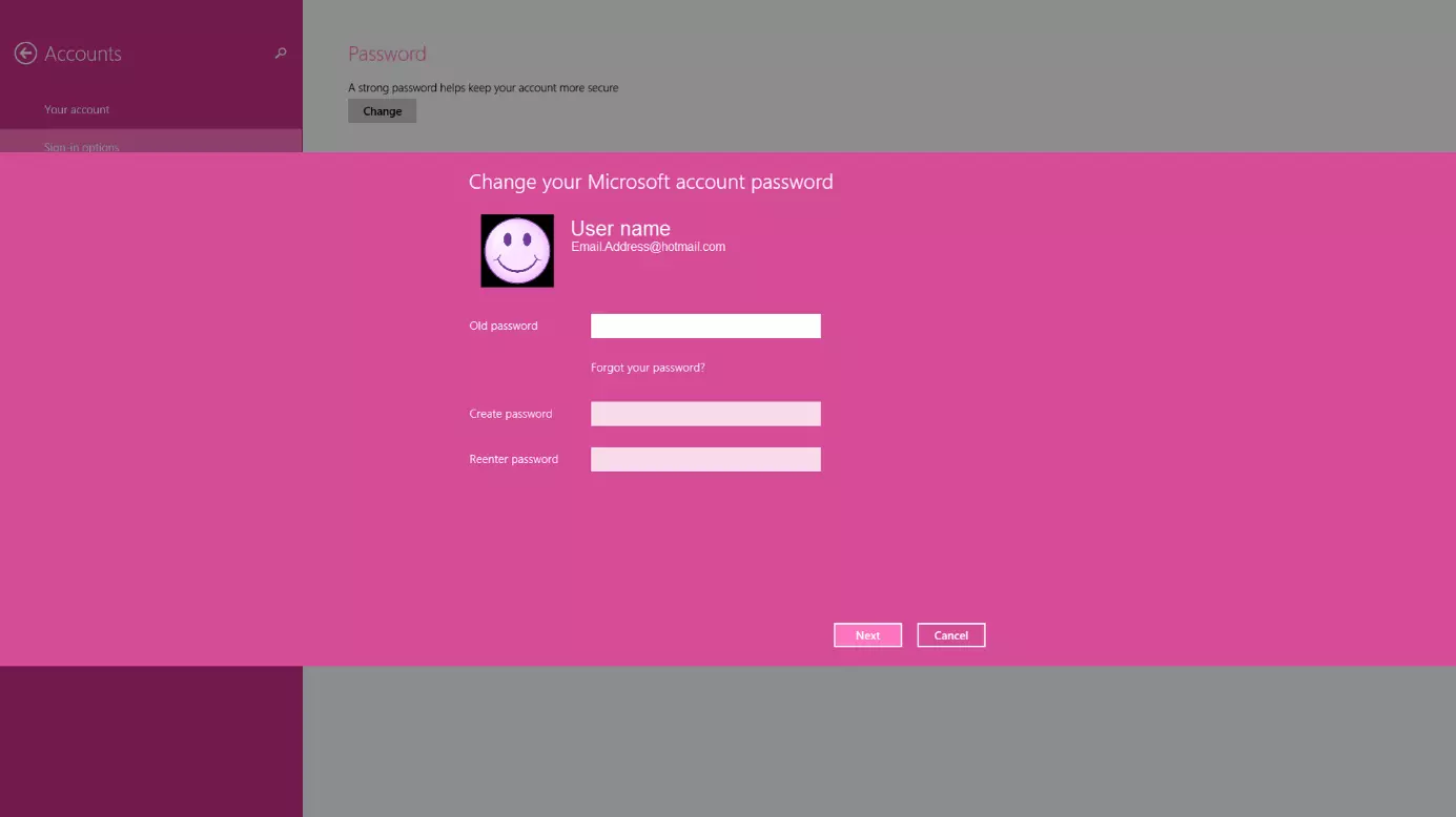 Menu di Windows 8 in cui è possibile modificare la password