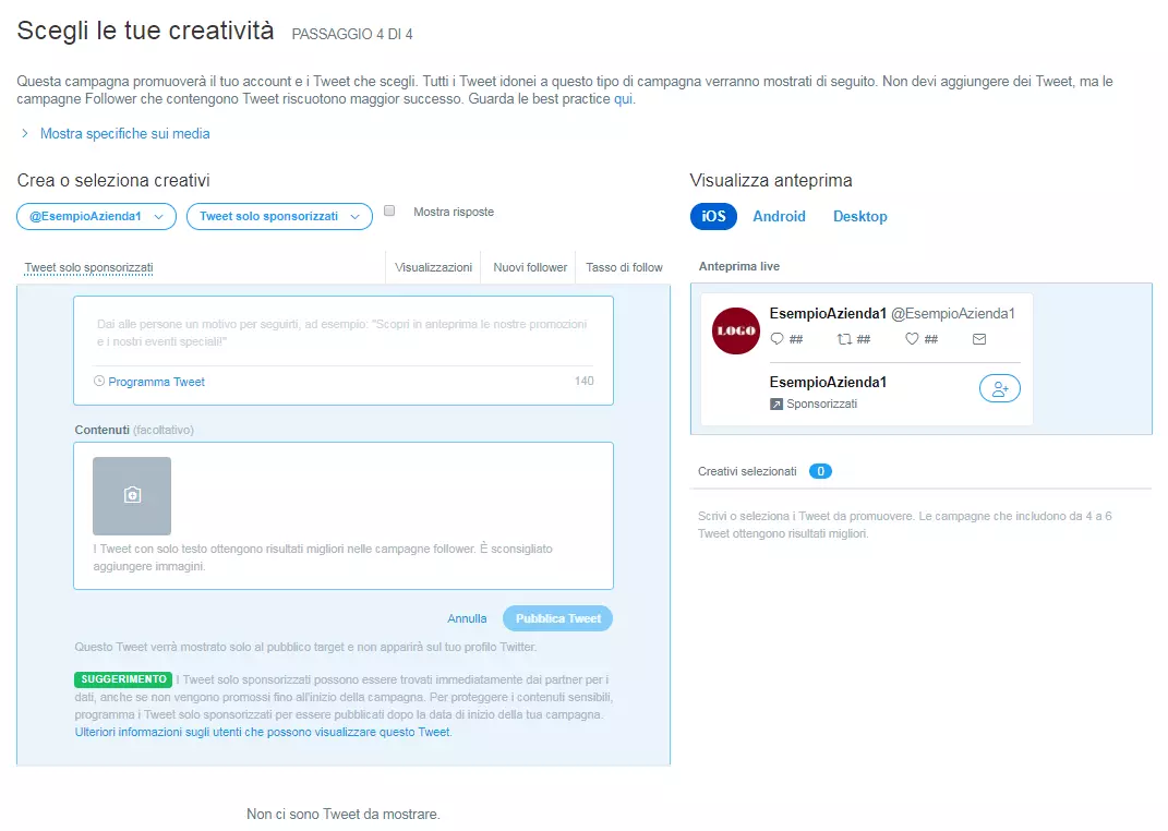 Screenshot dell’opzione “Creatività” per la configurazione della campagna con Twitter Ads