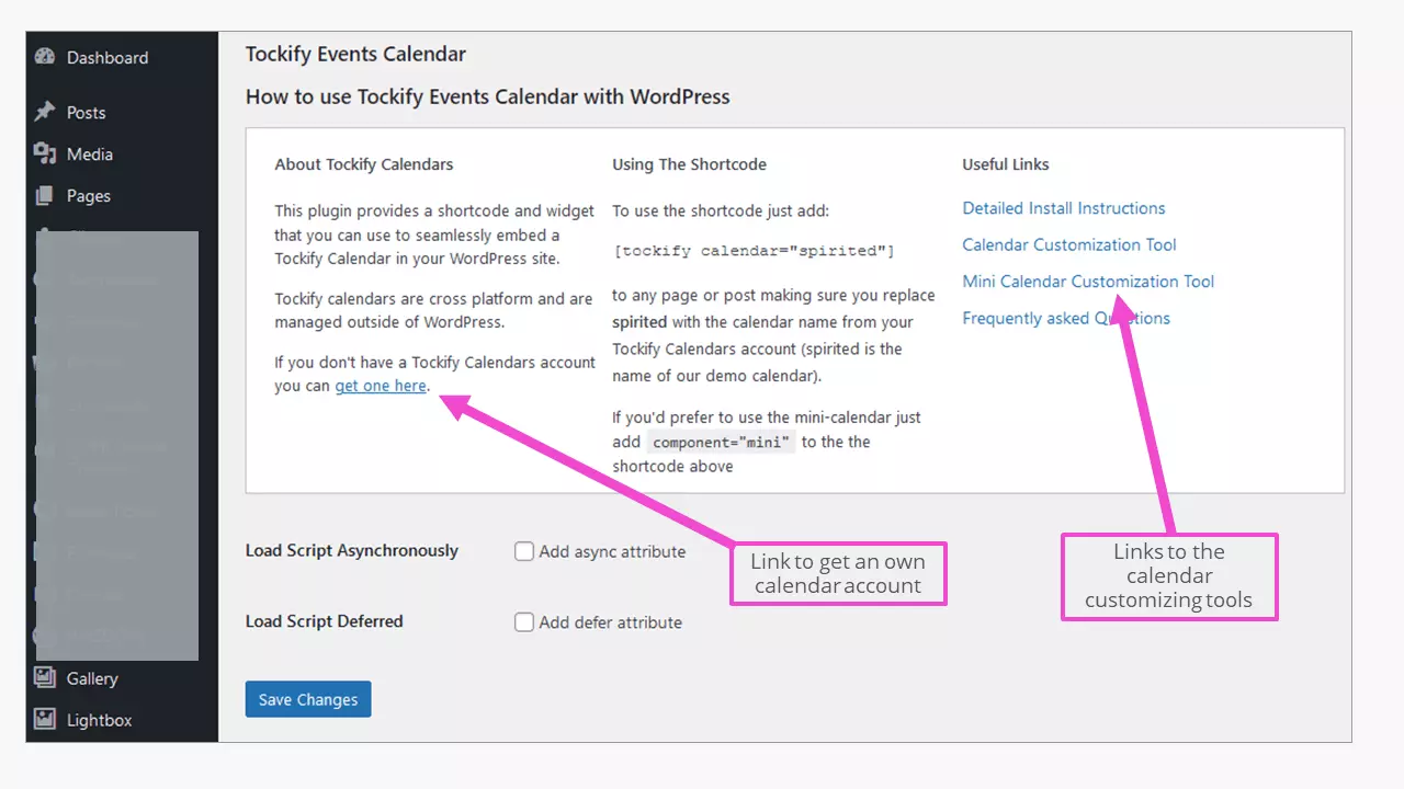 Area di amministrazione del plug-in del calendario WordPress di Tockify