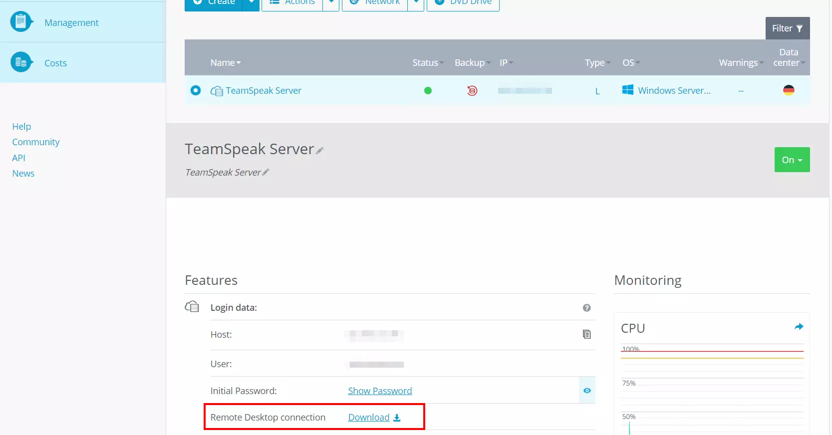 Dati di accesso nel Cloud Panel di IONOS