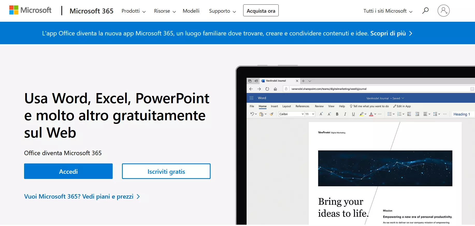 Pagina web di accesso ai servizi online di Office Word, Excel e PowerPoint