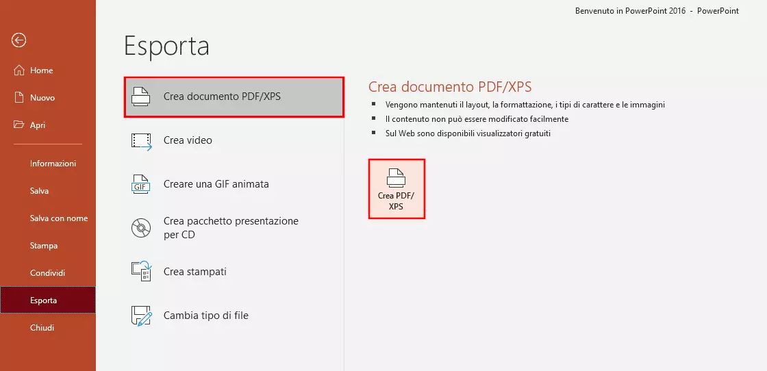 Salvare PowerPoint come PDF, passaggio 3