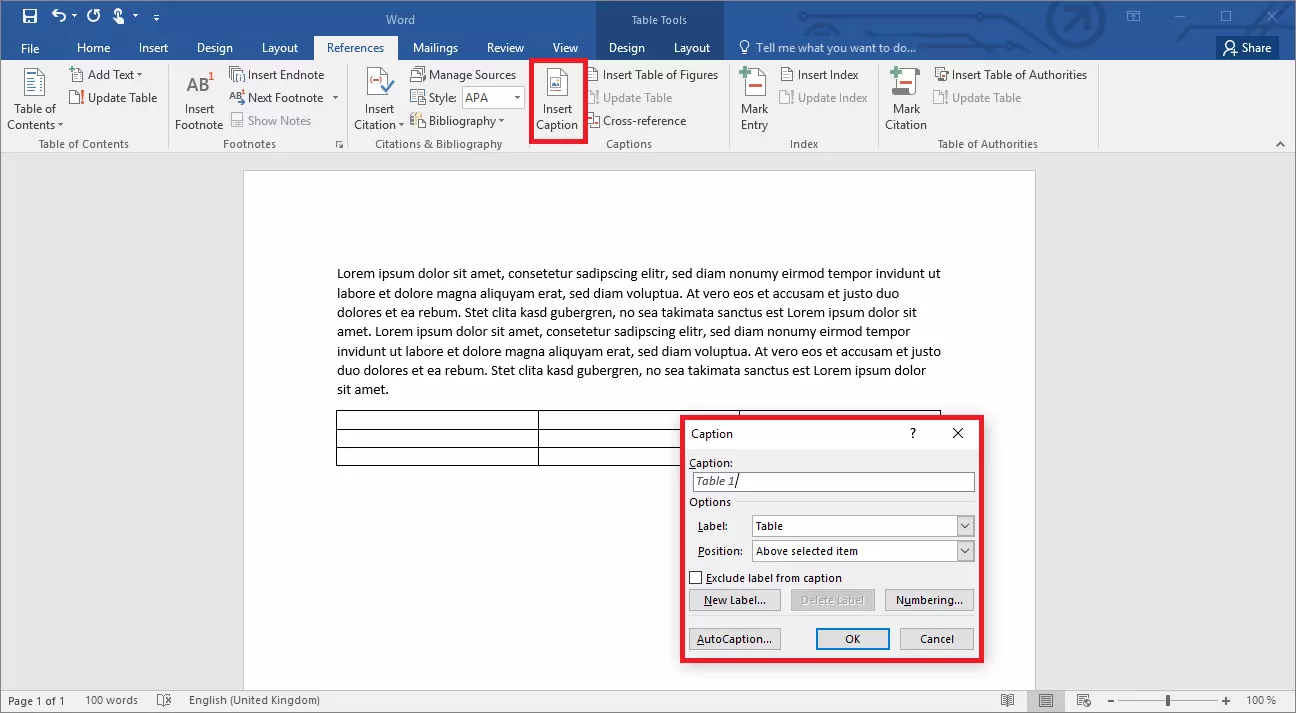 Etichetta delle tabelle in Word