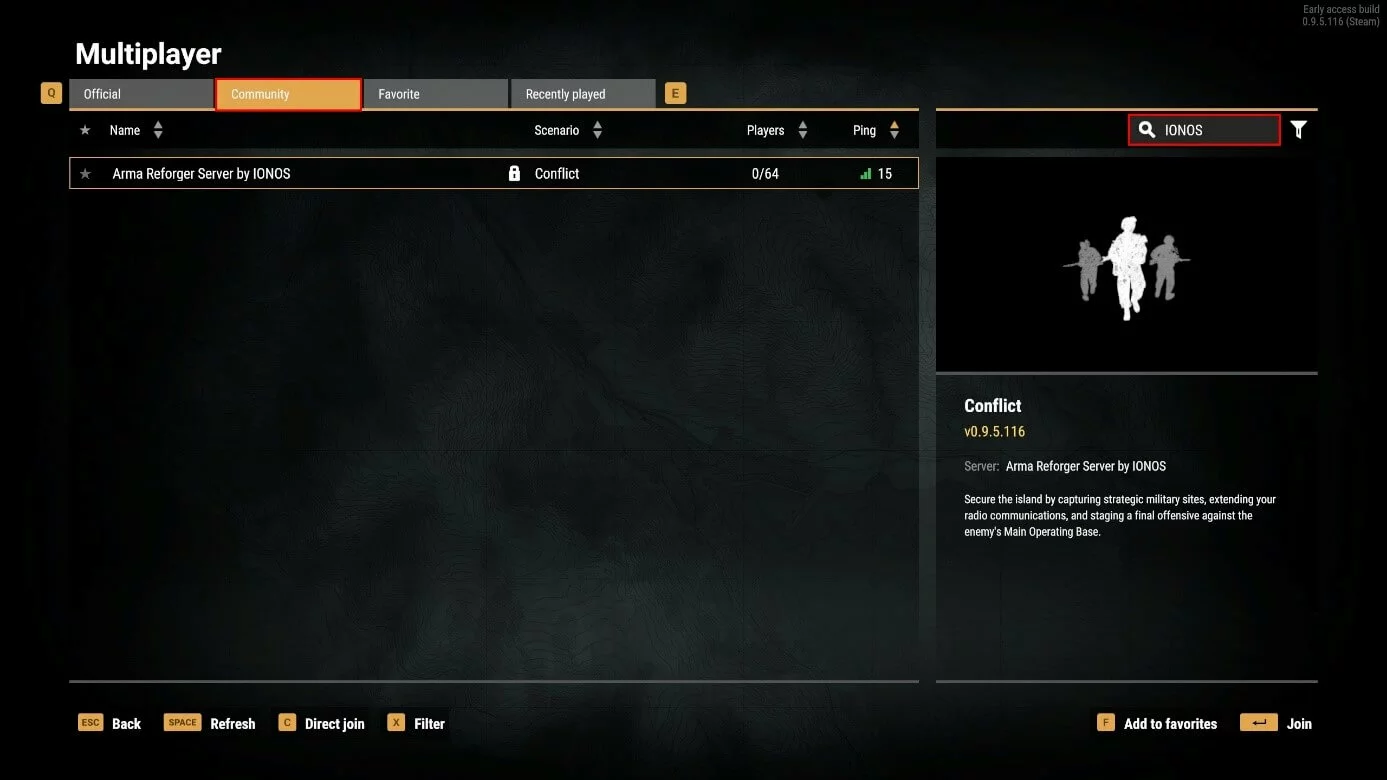 Screenshot di Arma Reforger: accedere al server dal menu multigiocatore