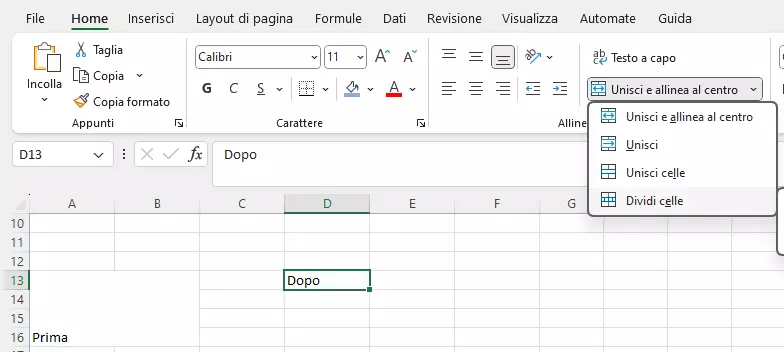 Dividere di nuovo le celle con “Dividi celle”