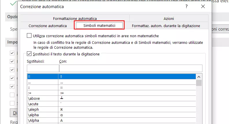 Scheda di Outlook “Simboli matematici”