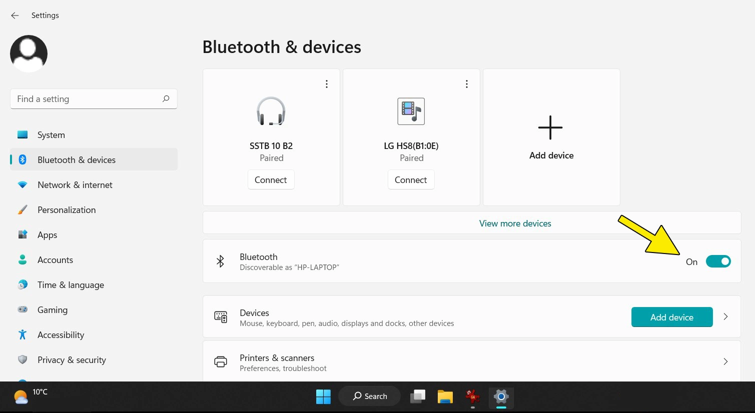 Impostazioni di sistema di Windows 11 per i dispositivi Bluetooth: pulsante Bluetooth “Attivato”