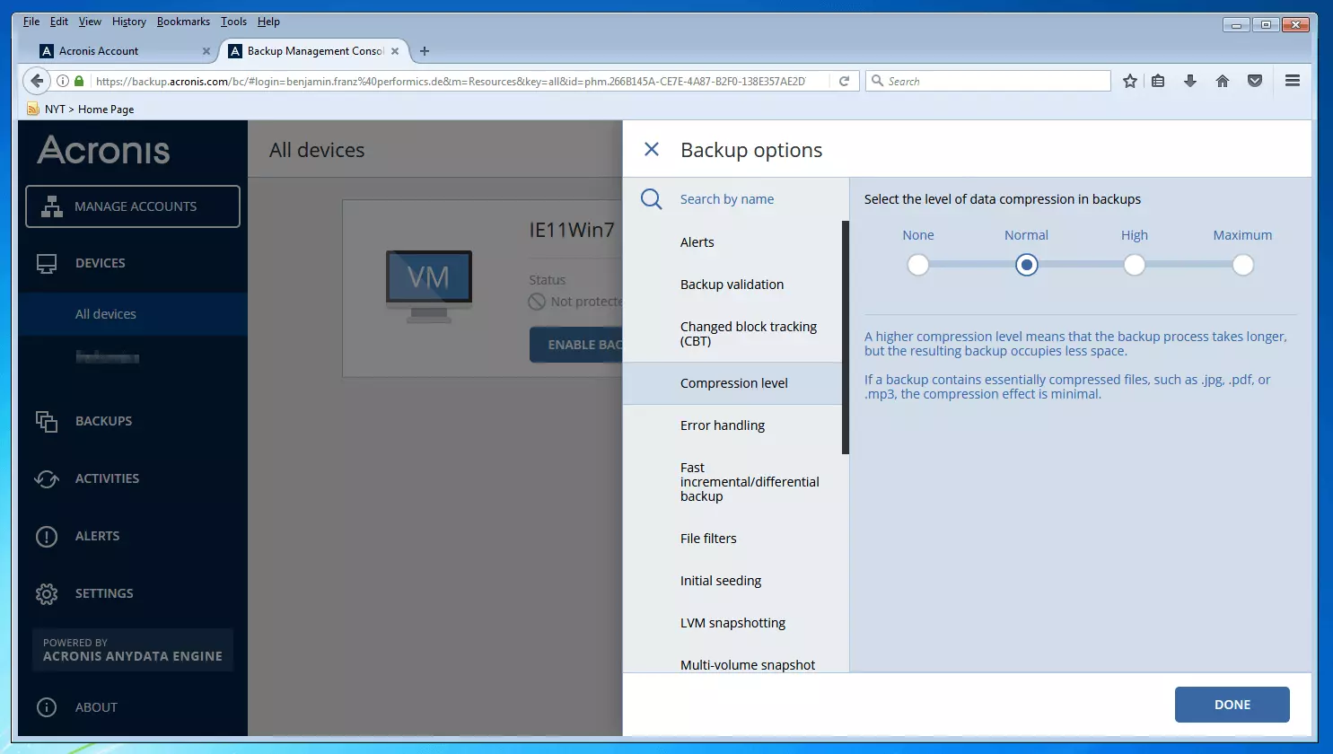 Console di gestione dei backup Acronis Backup 12.5: scelta della modalità di compressione