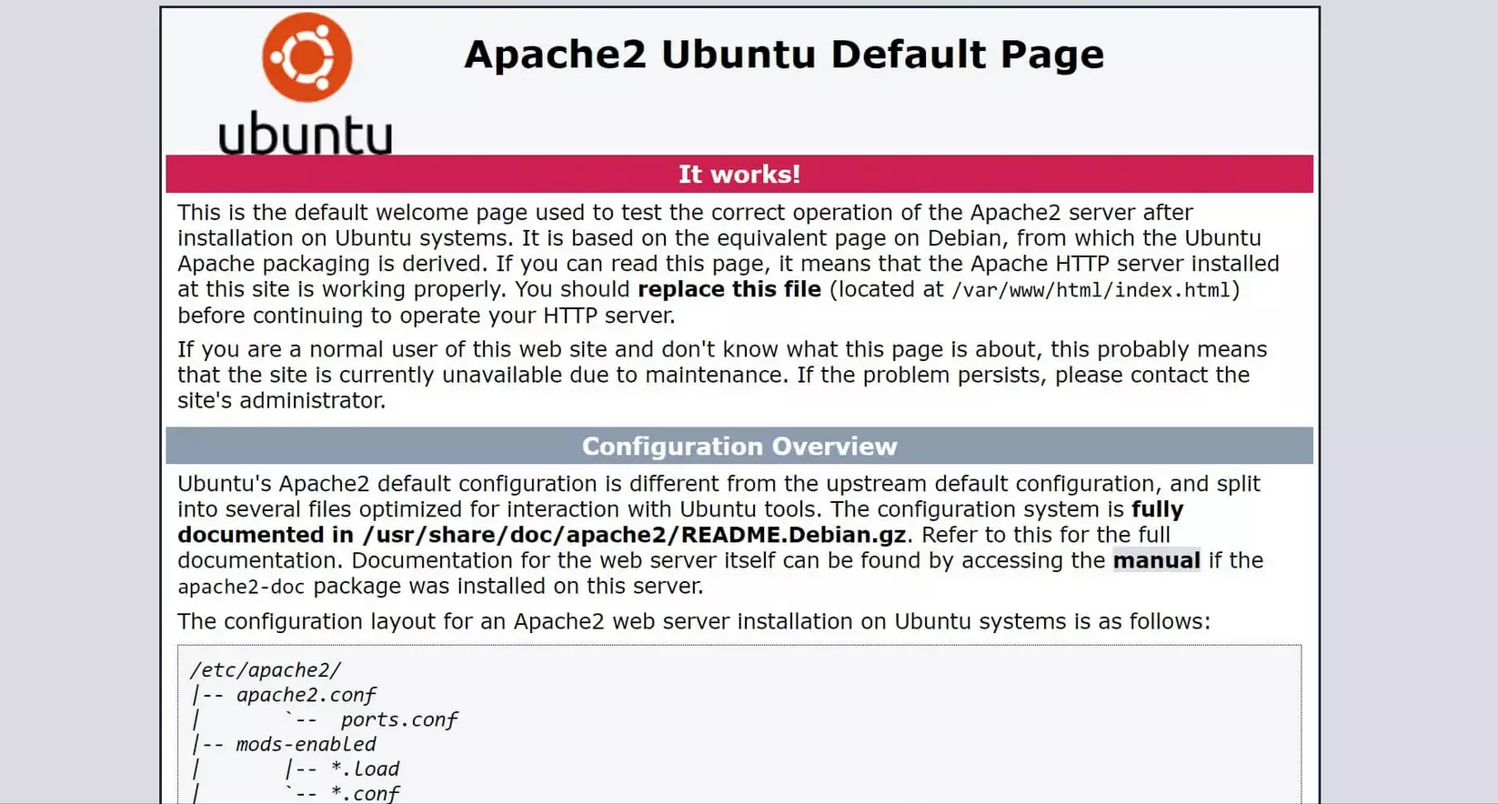 Browser: pagina predefinita di Apache su Ubuntu