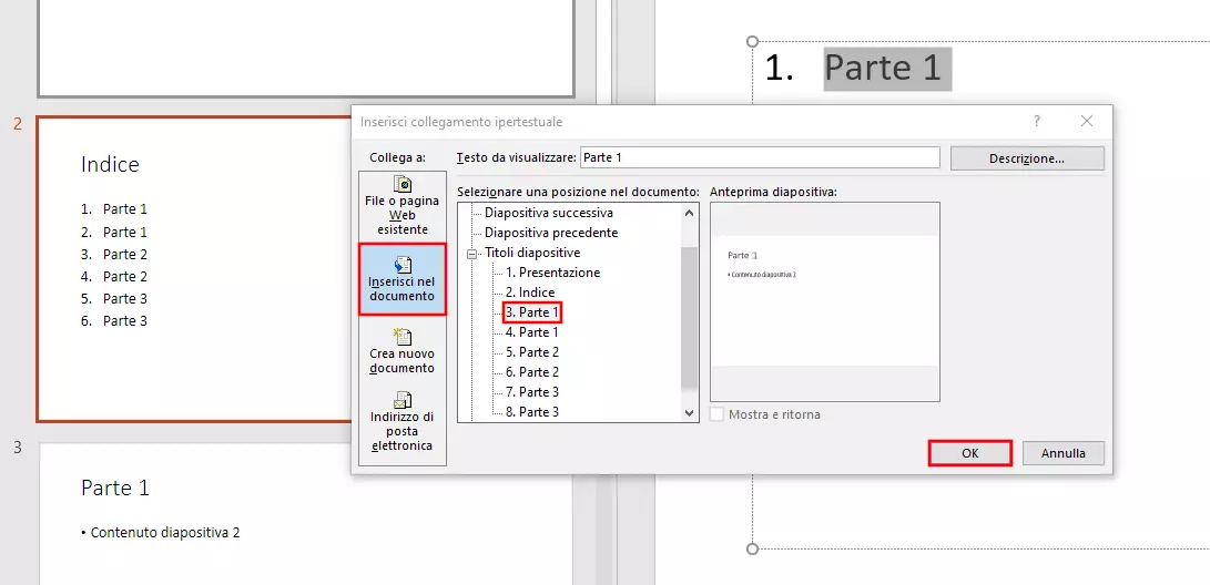 Collegare l’indice di PowerPoint: finestra di dialogo “Inserisci collegamento”