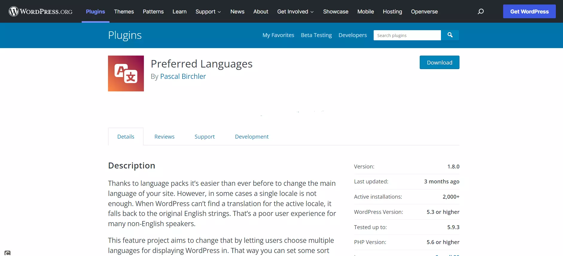 Pagina web del plugin Preferred Languages