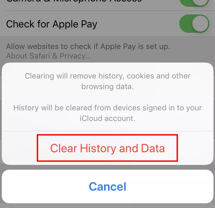 Safari (iOS): finestra di dialogo “Cancella dati web e cronologia”