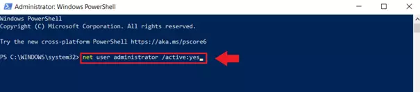 Inserite il comando “net user administrator /active:yes” nell’interprete della riga di comando di PowerShell