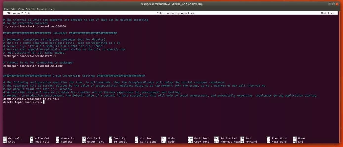 File di configurazione di Kafka server.properties nell’editor nano