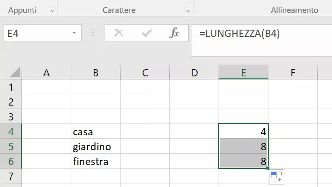 Excel: funzione LUNGHEZZA applicata a più celle