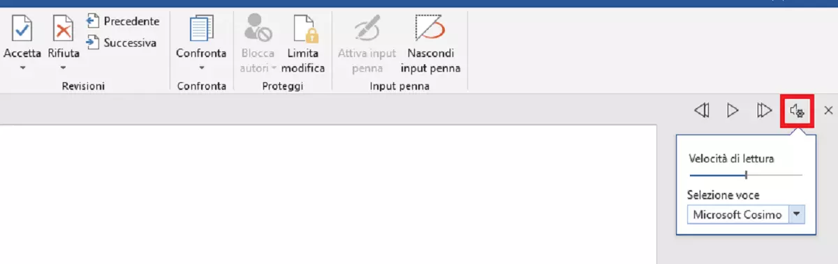 Menu di controllo Word per la funzione “Leggi ad alta voce” con impostazioni avanzate