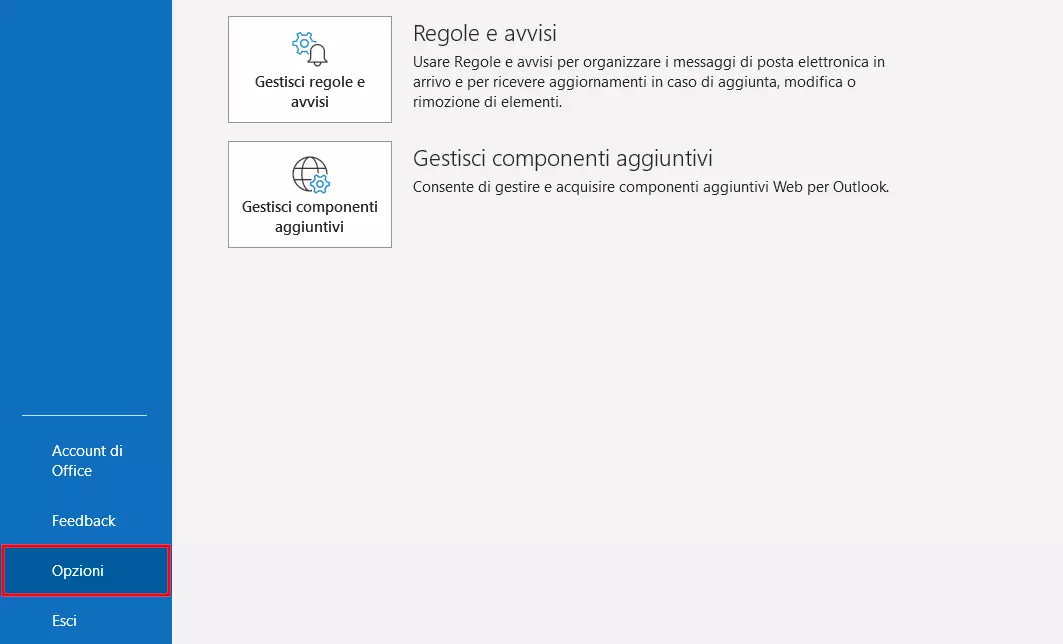 Opzioni di Outlook nella scheda “File”