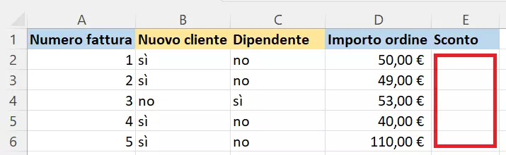 SE ed E su Excel: tabella per la determinazione dello sconto