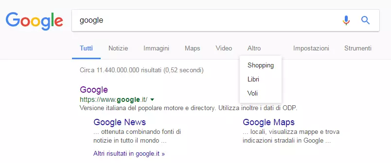 Screenshot delle funzioni verticali di ricerca di Google in italiano