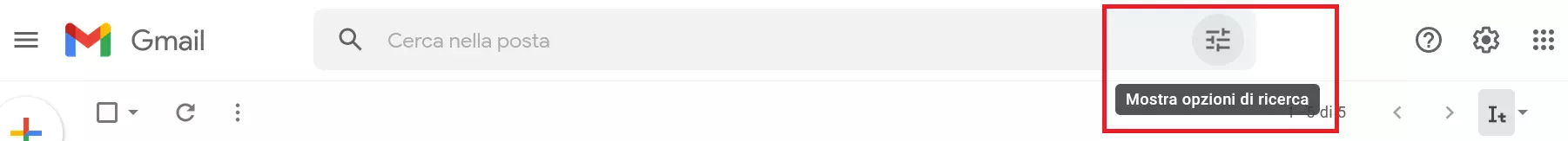 Posta in arrivo di Gmail: visualizzazione delle opzioni di ricerca