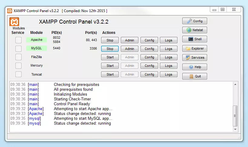 I moduli attivi indicati nel pannello di controllo di XAMPP