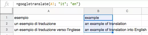 Immagine che mostra come estendere la formula di Google Translate ad altre celle