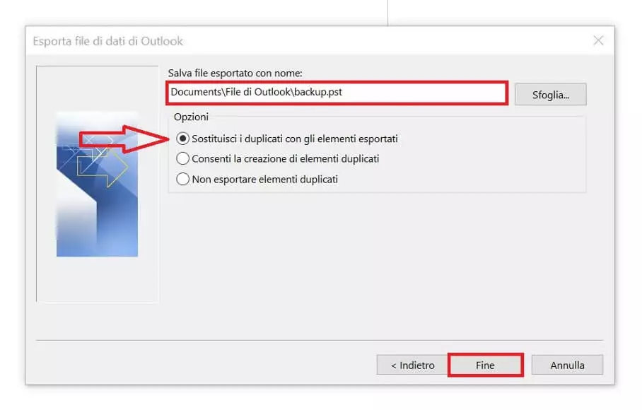 Procedura guidata di importazione ed esportazione di Outlook: ubicazione dei file esportati