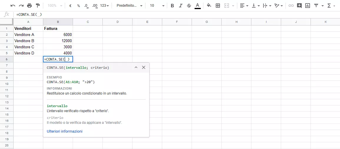 Esempio di Fogli Google con campo CONTA.SE 