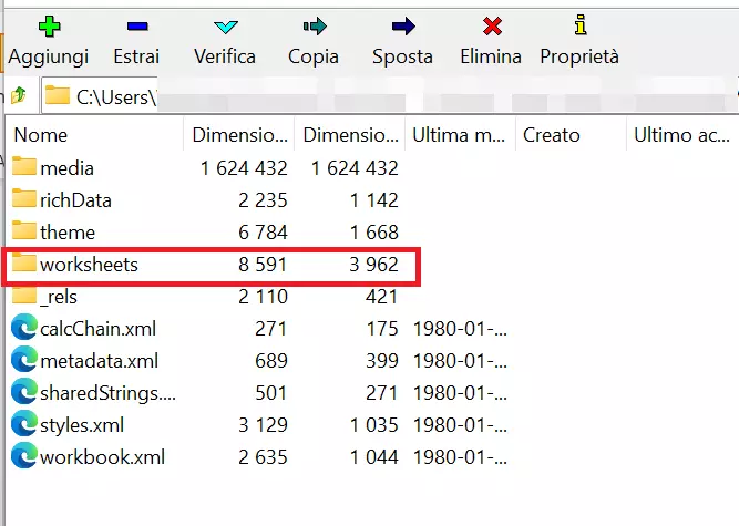 File Excel, directory “xl”, aperta nel programma 7-Zip