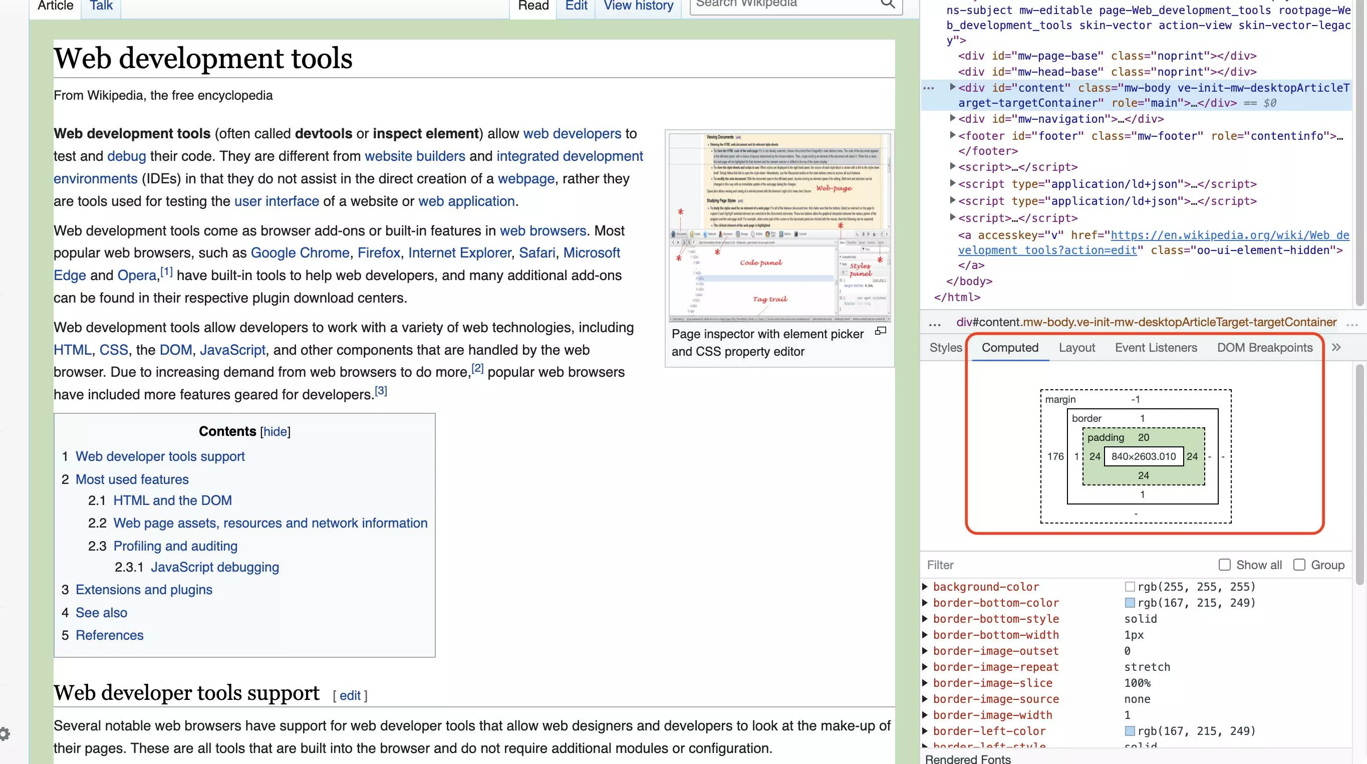 Proprietà CSS calcolate dell’elemento esaminato