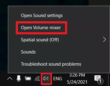 Impostazione audio “Apri mixer volume” su Windows 10