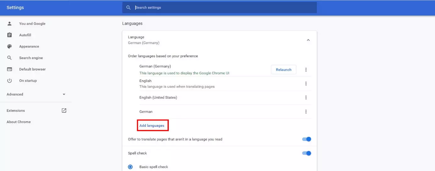 Pulsante “Aggiungi lingue“ nelle Impostazioni di Chrome