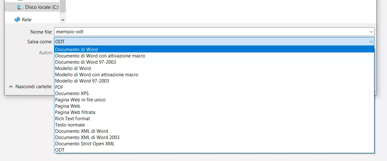 Convertire un file ODT in Word salvandolo in formato DOCX