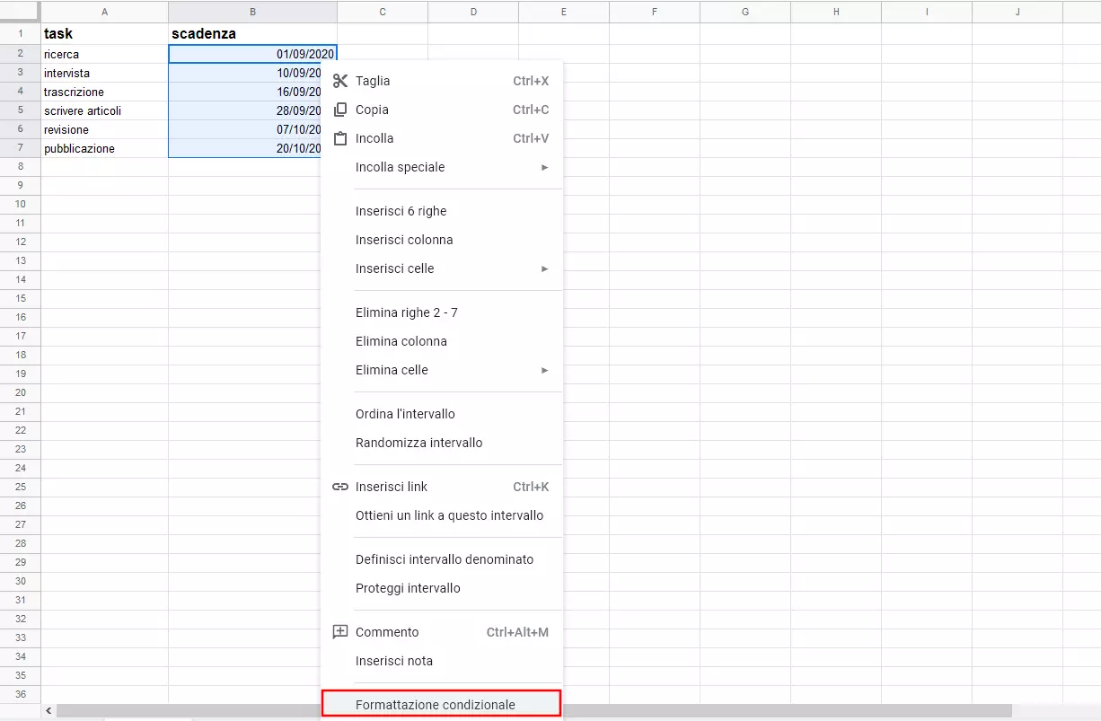 Google Sheets: tabella con intervallo selezionato