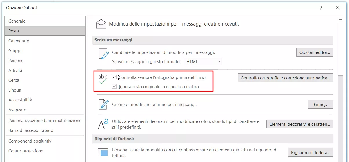 Outlook: casella di controllo “Controlla sempre l’ortografia prima dell’invio”