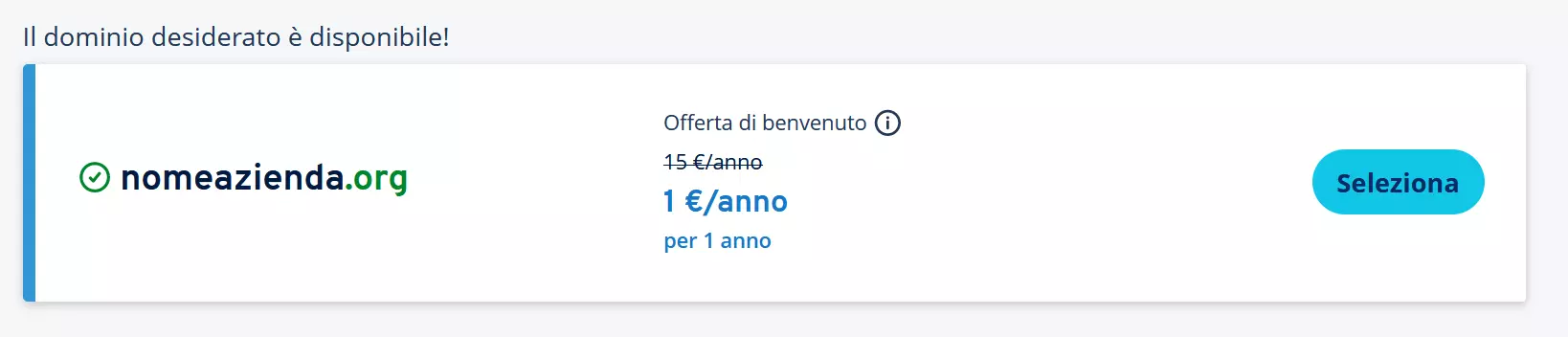 Schermata con avviso di IONOS nel caso in cui un dominio è ancora disponibile