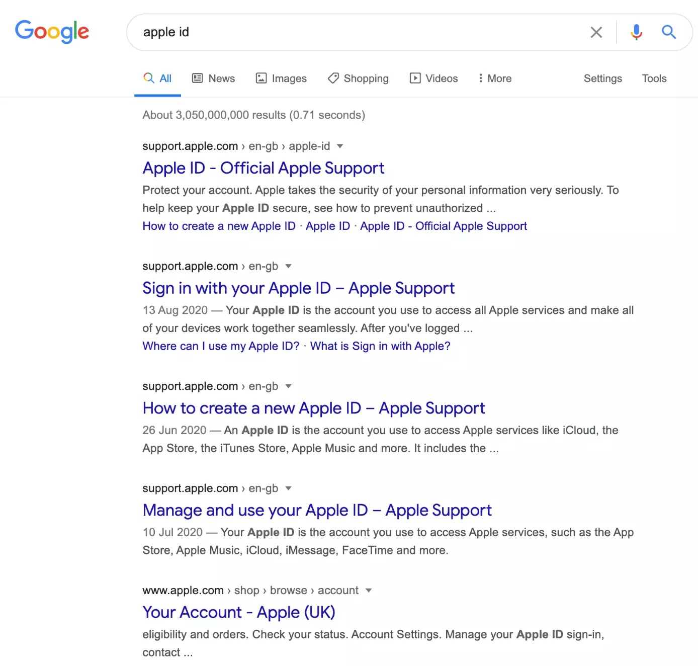 SERP di Google per il termine di ricerca “apple id”