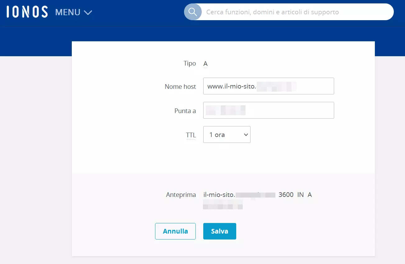 Aggiungere un record DNS sul Cloud Panel di IONOS