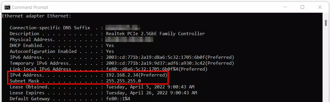 Prompt dei comandi di Windows 11: output per “ipconfig /all”