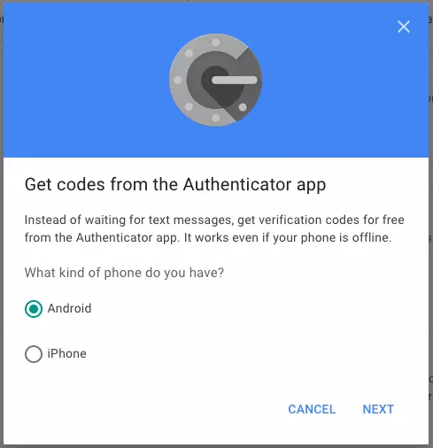 Configurazione dell’applicazione Google Authenticator: selezionare lo smartphone